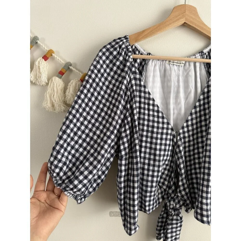 Abercrombie & Fitch Linen Gingham Puff Sleeve Tie Front Crop Top Preppy Coquette